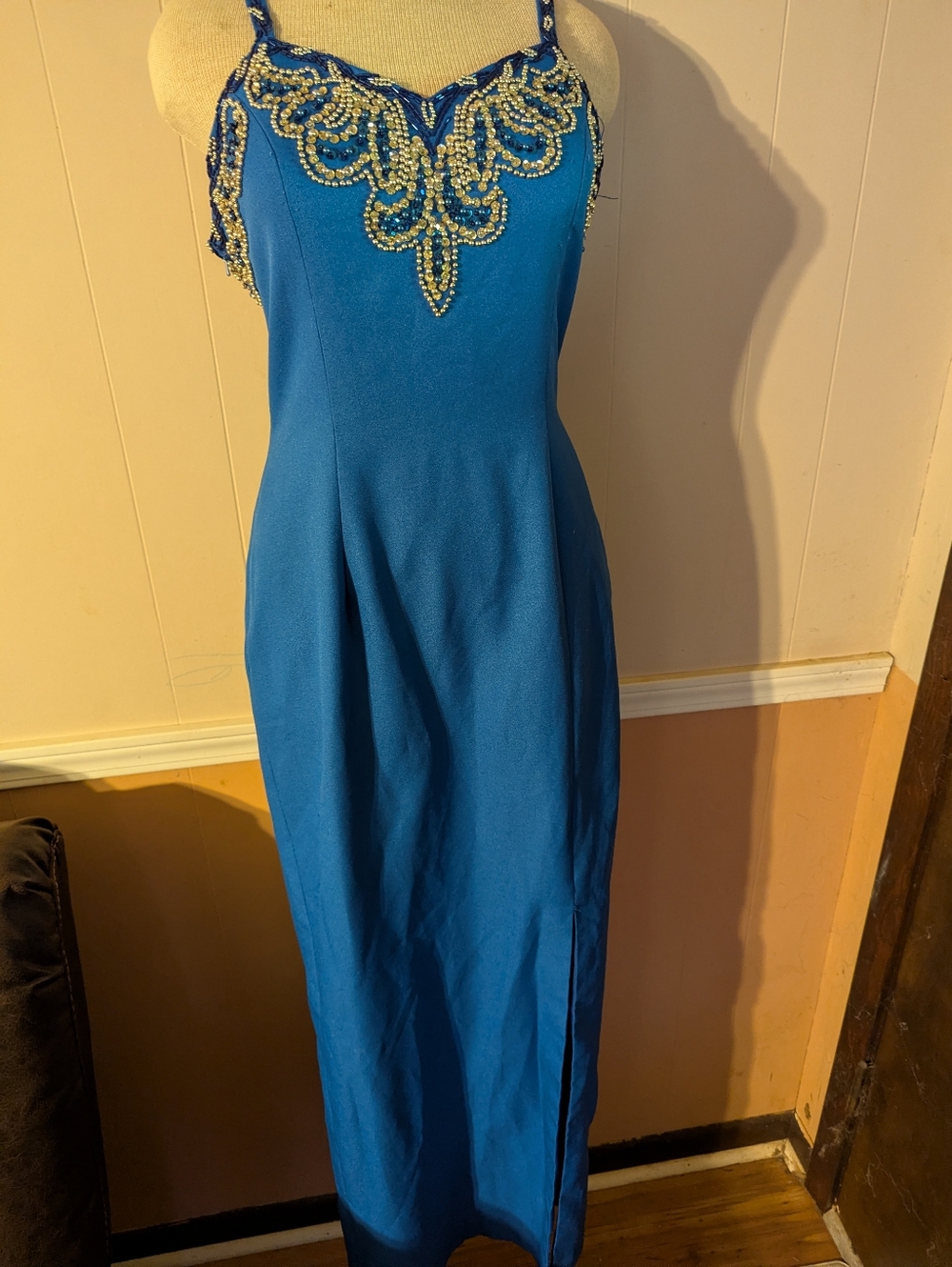 Forever Yours Blue Maxi Formal Dress Size 10 with Straps, Sequin and Jewels